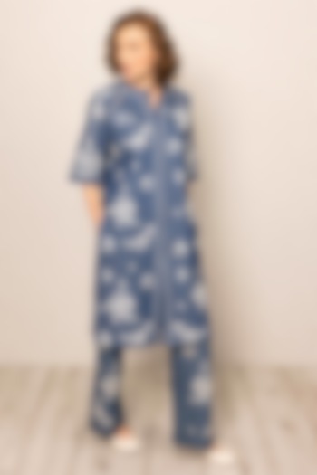 Ocean Blue Cotton Denim Embroidered Tunic by Ranna Gill at Pernia's Pop Up Shop