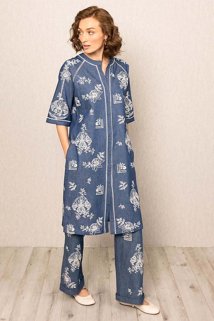 Ocean Blue Cotton Denim Embroidered Tunic by Ranna Gill at Pernia's Pop Up Shop