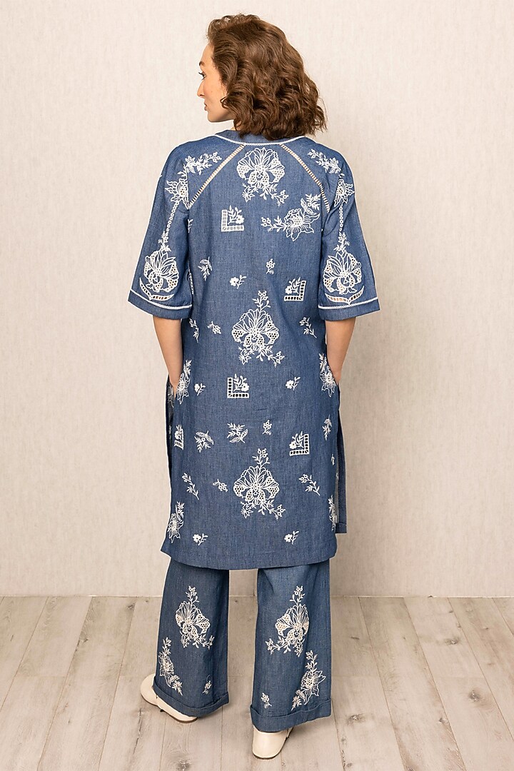 Ocean Blue Cotton Denim Embroidered Tunic by Ranna Gill at Pernia's Pop Up Shop