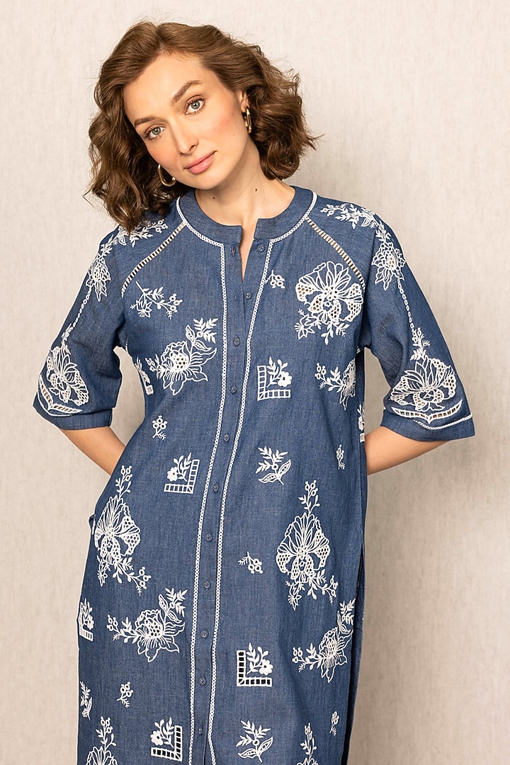 Ocean Blue Cotton Denim Embroidered Tunic by Ranna Gill at Pernia's Pop Up Shop