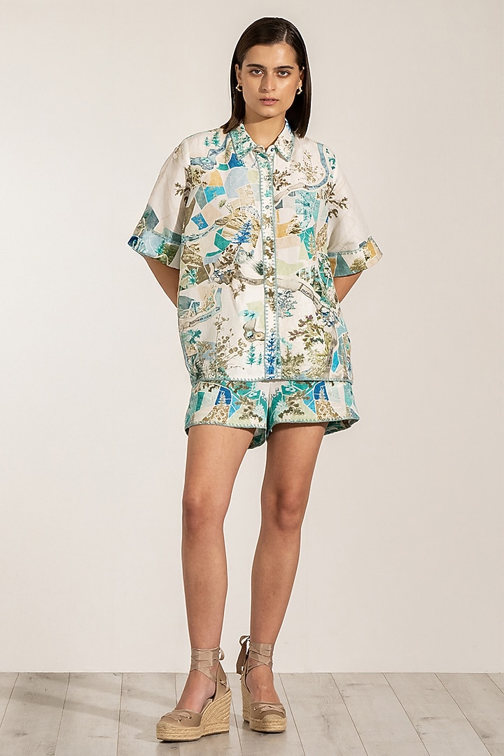 Teal Linen Viscose Blend Printed Shirt by Ranna Gill at Pernia's Pop Up Shop