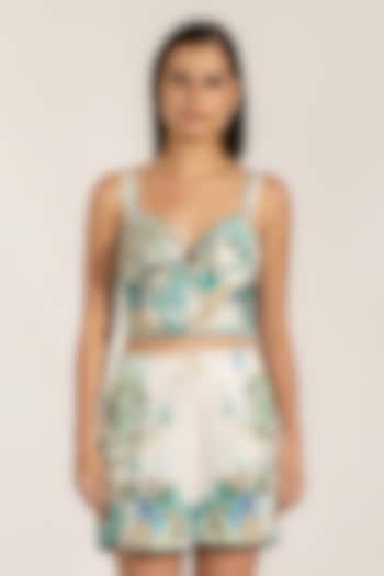 Teal Linen Viscose Blend Printed Shorts by Ranna Gill at Pernia's Pop Up Shop