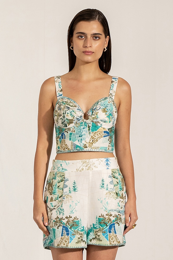 Teal Linen Viscose Blend Printed Shorts by Ranna Gill at Pernia's Pop Up Shop