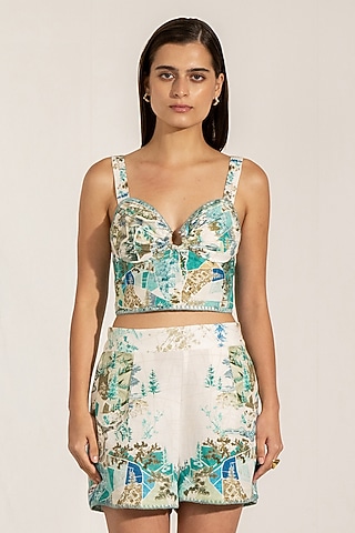 Teal Linen Viscose Blend Printed Shorts by Ranna Gill