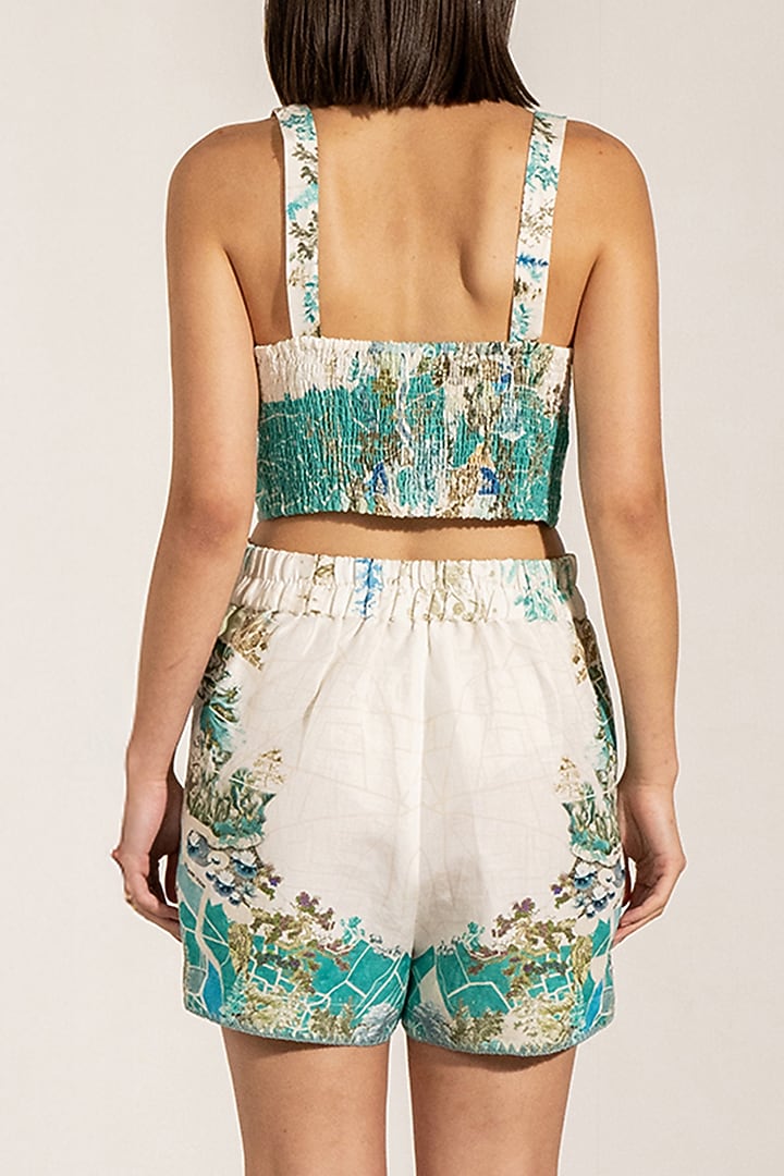 Teal Linen Viscose Blend Printed Shorts by Ranna Gill at Pernia's Pop Up Shop