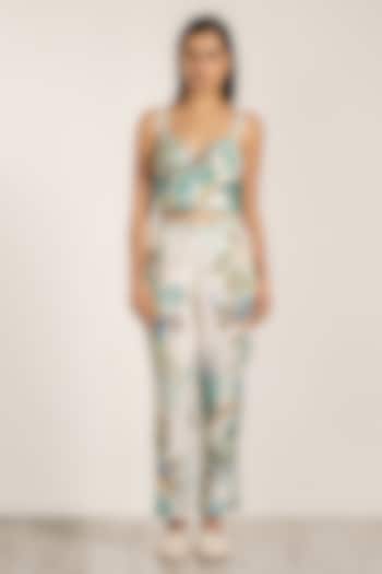 Teal Linen Viscose Printed Pants by Ranna Gill at Pernia's Pop Up Shop