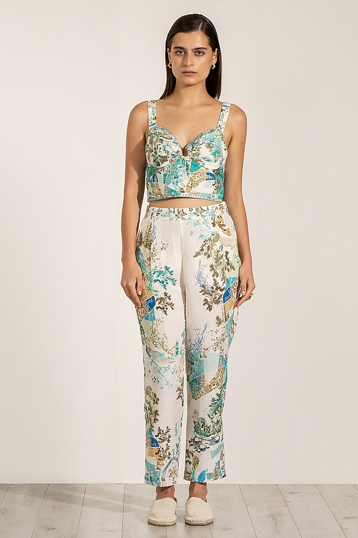 Teal Linen Viscose Printed Pants by Ranna Gill at Pernia's Pop Up Shop