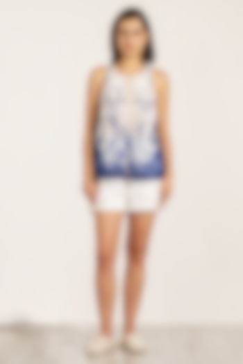 Blue Linen Viscose Blend Printed Blouse by Ranna Gill at Pernia's Pop Up Shop