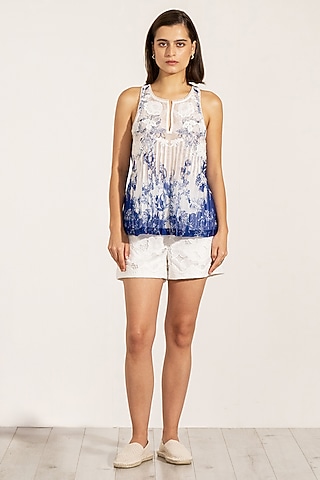 Blue Linen Viscose Blend Printed Blouse by Ranna Gill