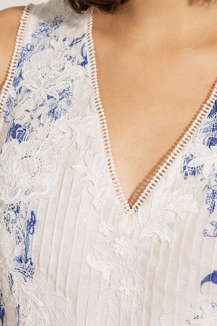 Blue Linen Viscose Blend Printed Blouse by Ranna Gill at Pernia's Pop Up Shop