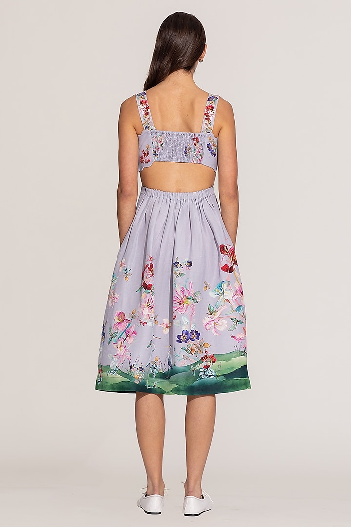Lilac Linen Viscose Printed Midi Summer Dress by Ranna Gill at Pernia's Pop Up Shop