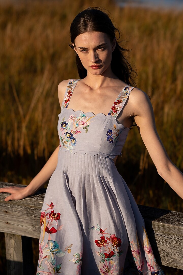 Lilac Linen Viscose Printed Midi Summer Dress by Ranna Gill at Pernia's Pop Up Shop