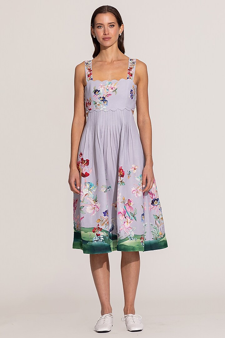 Lilac Linen Viscose Printed Midi Summer Dress by Ranna Gill at Pernia's Pop Up Shop
