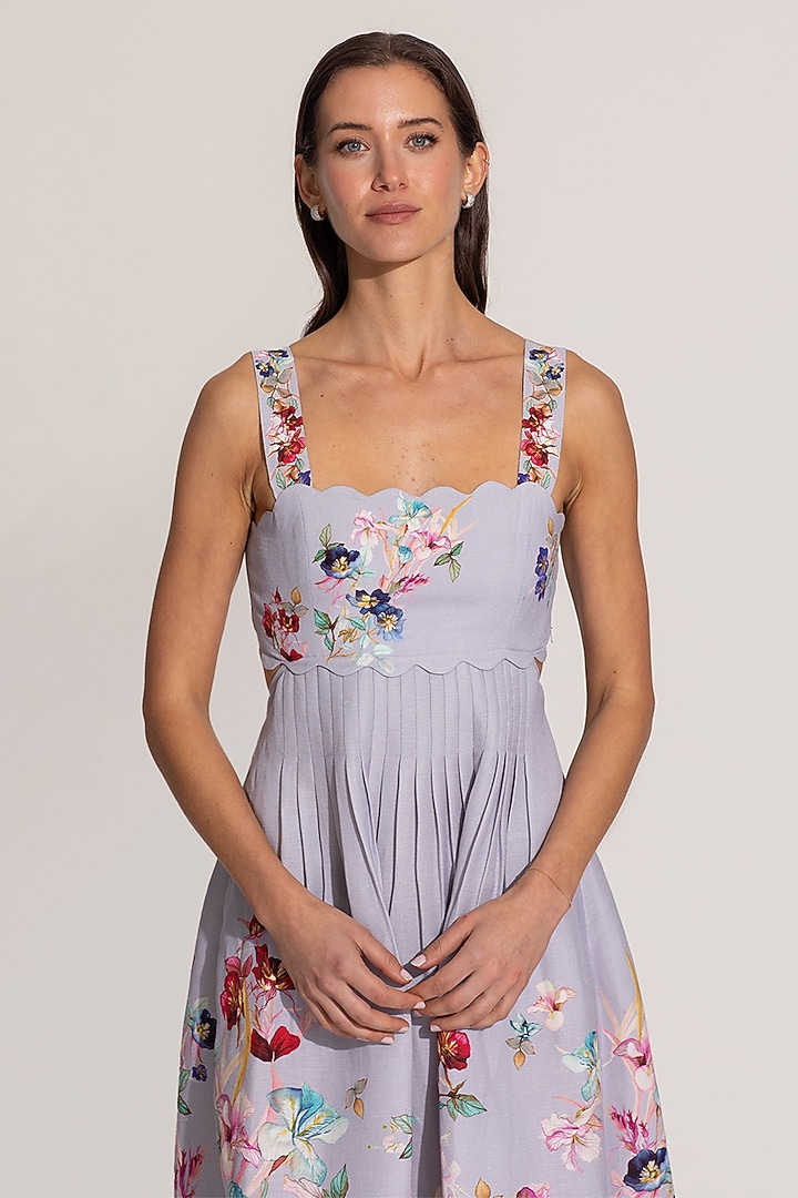 Lilac Linen Viscose Printed Midi Summer Dress by Ranna Gill at Pernia's Pop Up Shop