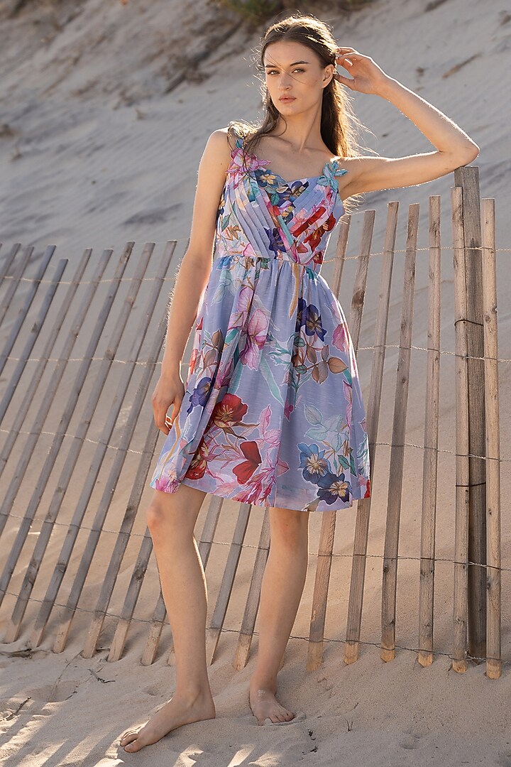 Lilac Dhaka Linen & Organza Floral Printed Mini Summer Dress by Ranna Gill at Pernia's Pop Up Shop