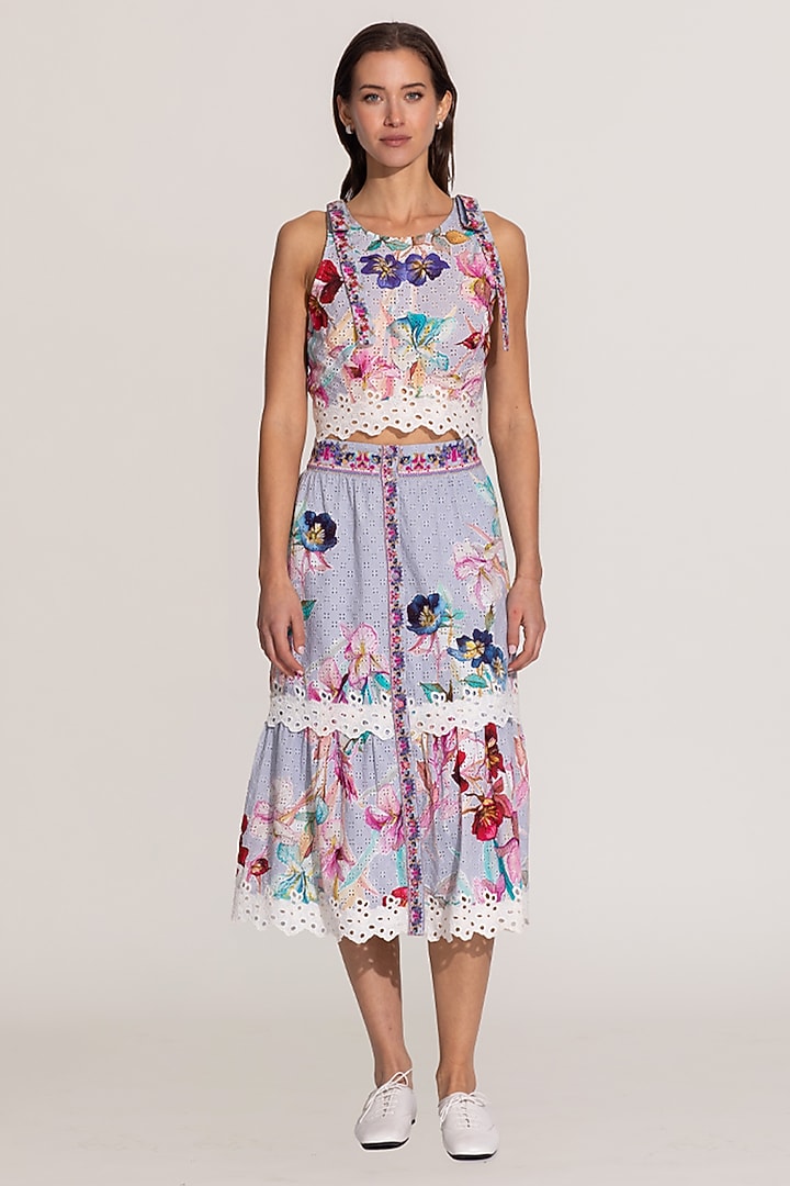 Lavender Cotton Schiffli Floral Printed Skirt Set by Ranna Gill at Pernia's Pop Up Shop