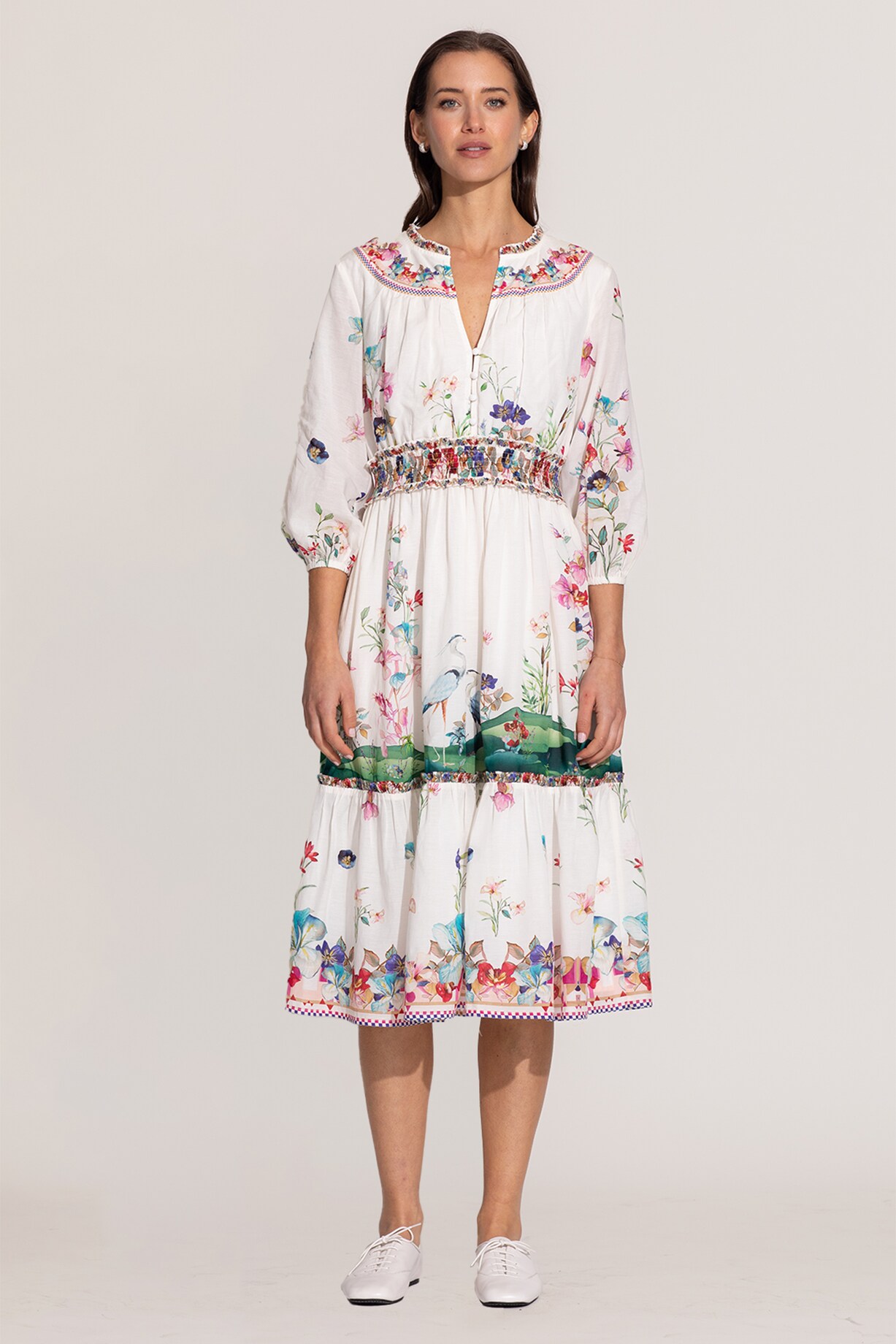 Ivory Soft Cotton Printed & Embroidered Midi Vacation Dress by Ranna Gill  at Pernia's Pop Up Shop