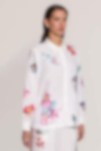 Ivory Linen Viscose Printed & Embroidered Shirt by Ranna Gill at Pernia's Pop Up Shop