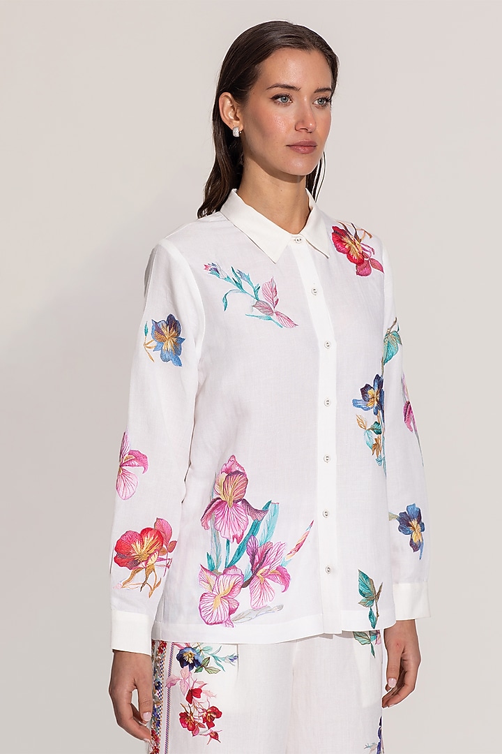 Ivory Linen Viscose Printed & Embroidered Shirt by Ranna Gill at Pernia's Pop Up Shop