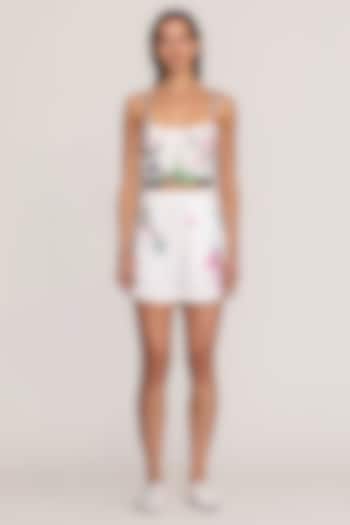 Ivory Linen Viscose Printed & Embroidered Shorts by Ranna Gill at Pernia's Pop Up Shop