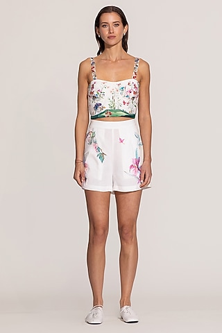Ivory Linen Viscose Printed & Embroidered Shorts by Ranna Gill
