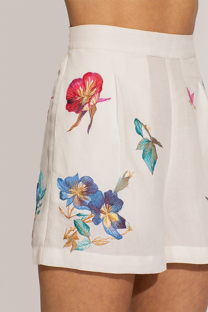 Ivory Linen Viscose Printed & Embroidered Shorts by Ranna Gill at Pernia's Pop Up Shop