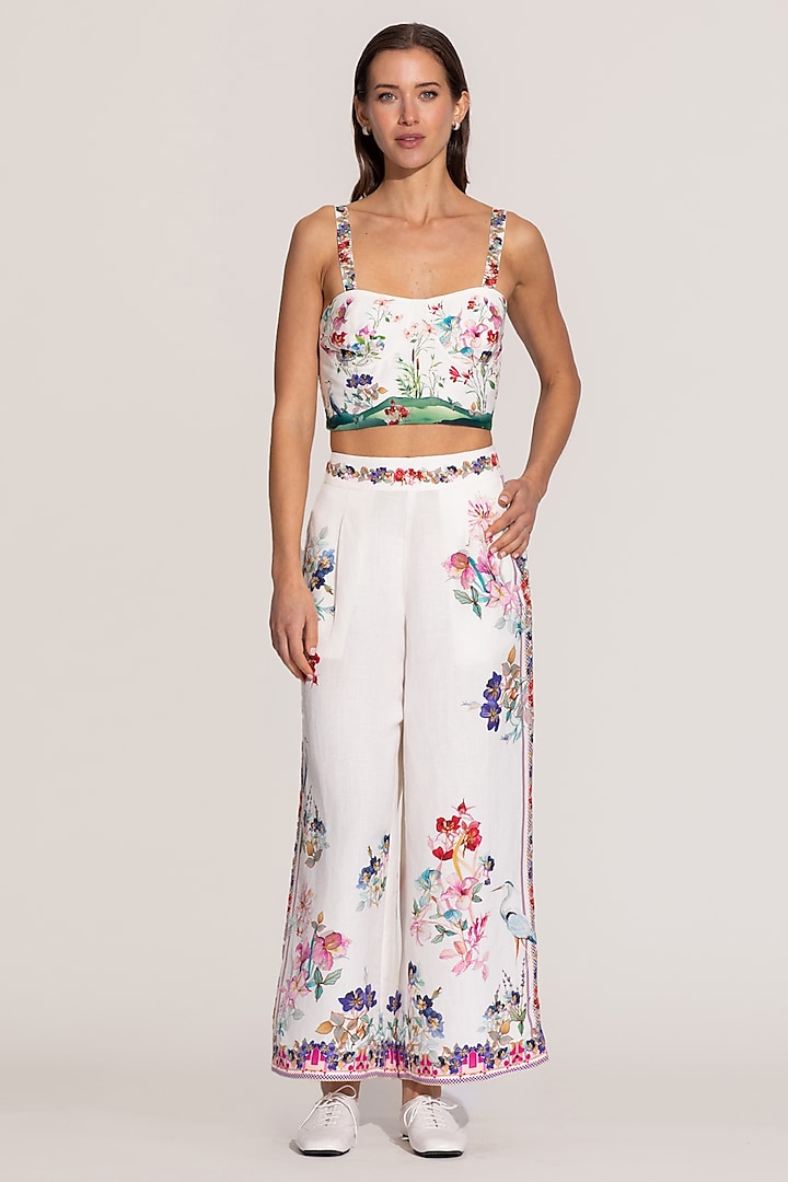 Ivory Linen Viscose Printed Pants by Ranna Gill at Pernia's Pop Up Shop