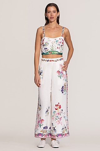 Ivory Linen Viscose Printed Pants by Ranna Gill