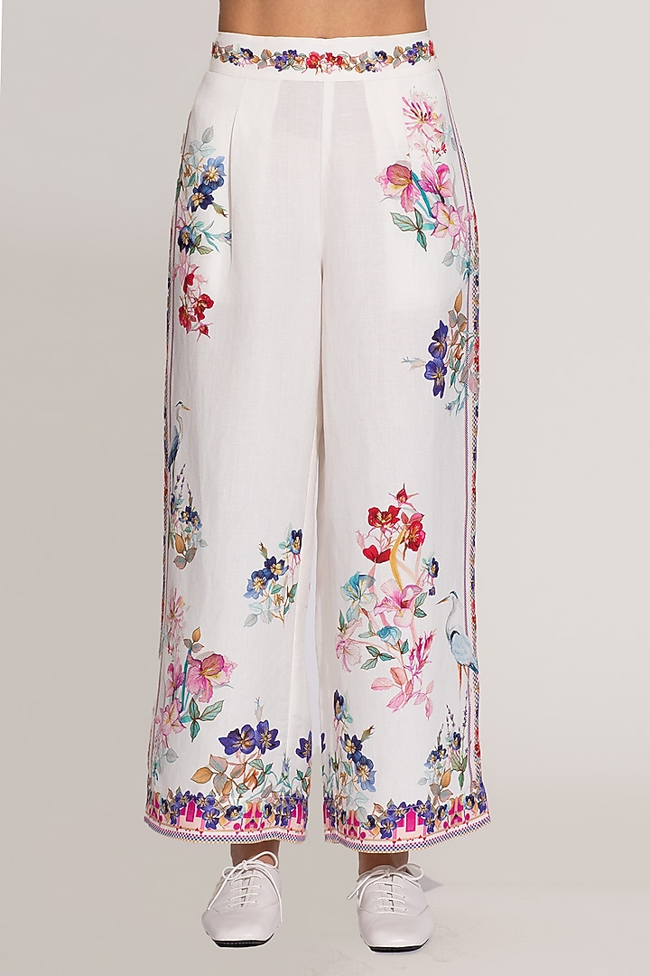 Ivory Linen Viscose Printed Pants by Ranna Gill at Pernia's Pop Up Shop