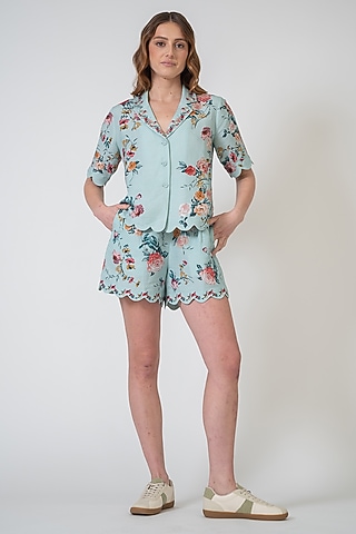 Jade Crinkle Printed & Embroidered Shorts by Ranna Gill