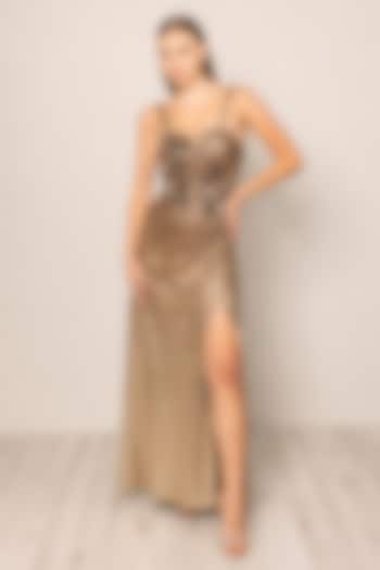 Golden Sequins Fabric Embellished Engagement Gown by Ranna Gill at Pernia's Pop Up Shop