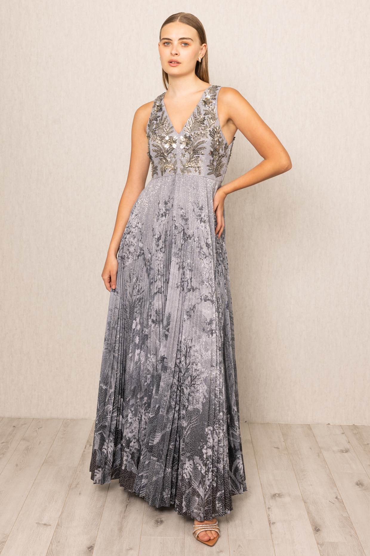 Grey Ombre Viscose Sequins Georgette Printed Engagement Gown by Ranna Gill at Pernia's Pop Up Shop