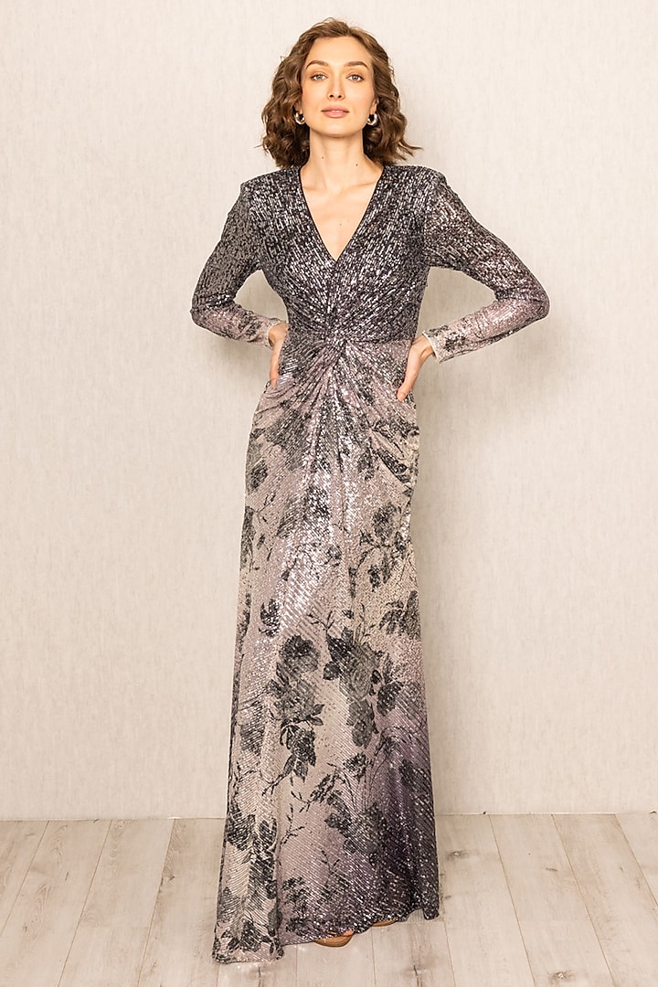 Grey Ombre Poly Sequins Georgette Embroidered Party Wear Gown by Ranna Gill at Pernia's Pop Up Shop