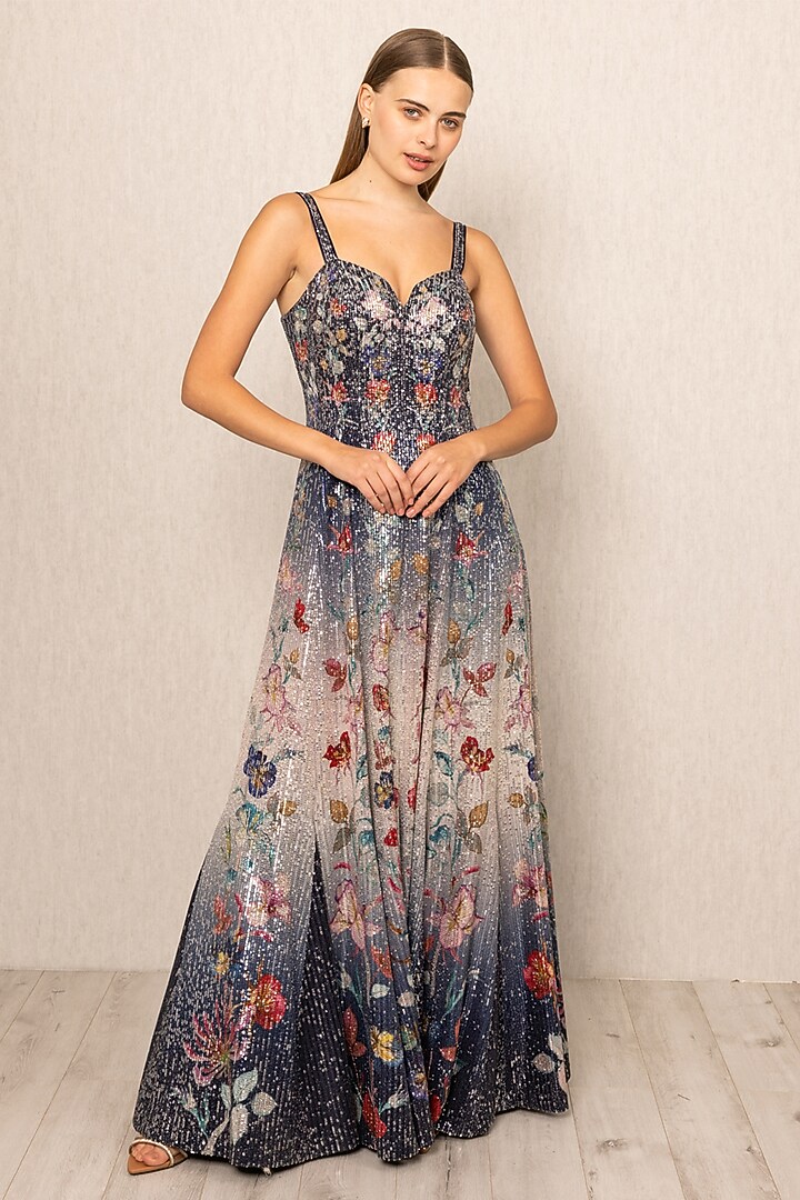 Navy Blue Ombre Sequins Embroidered Engagement Gown by Ranna Gill at Pernia's Pop Up Shop