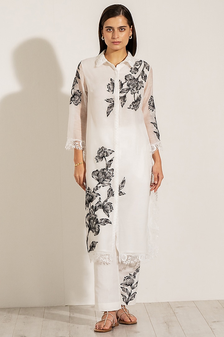White Dhaka Linen Floral Printed Tunic Set by Ranna Gill at Pernia's Pop Up Shop