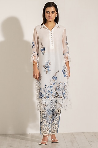 White Dhaka Linen Embroidered Tunic by Ranna Gill