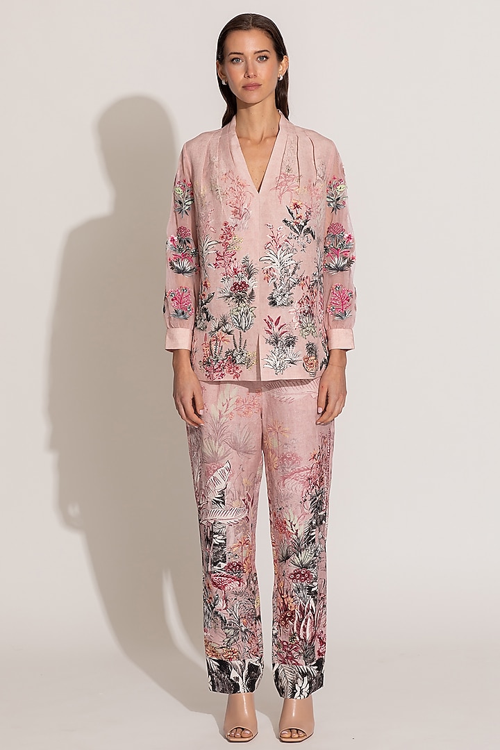 Cavern Pink Viscose Linen botanical Printed Co-Ord Set by Ranna Gill at Pernia's Pop Up Shop