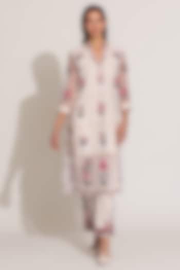 Beige Cotton Linen Stripe Embroidered Tunic Set by Ranna Gill at Pernia's Pop Up Shop