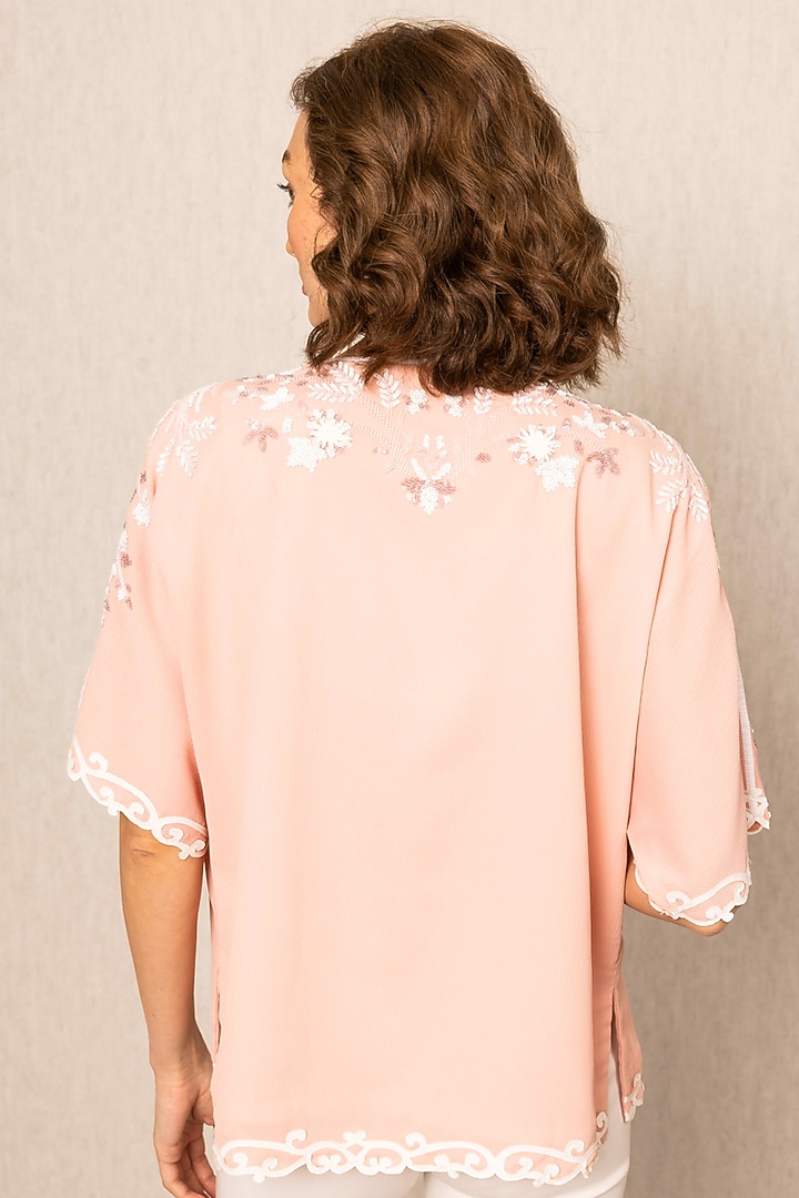 Pink Poly Crinkle Bassam Embroidered Top by Ranna Gill at Pernia's Pop Up Shop