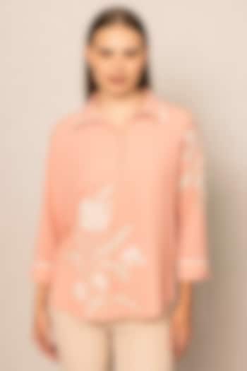 Peach China Georgette Embroidered Shirt by Ranna Gill at Pernia's Pop Up Shop