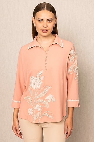 Peach China Georgette Embroidered Shirt by Ranna Gill