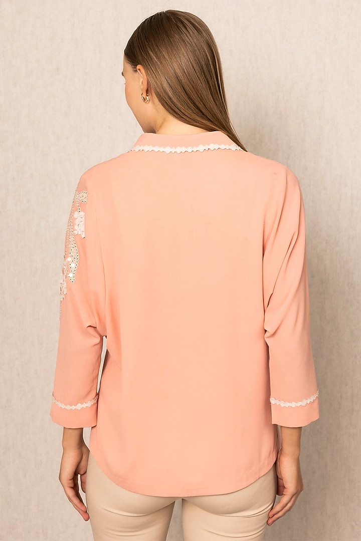 Peach China Georgette Embroidered Shirt by Ranna Gill at Pernia's Pop Up Shop