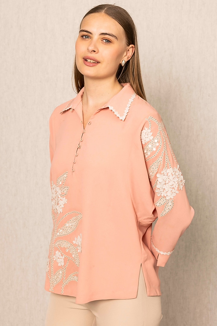Peach China Georgette Embroidered Shirt by Ranna Gill at Pernia's Pop Up Shop