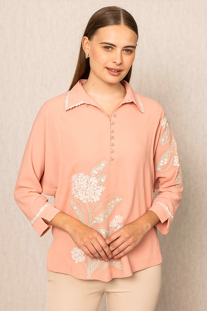 Peach China Georgette Embroidered Shirt by Ranna Gill at Pernia's Pop Up Shop
