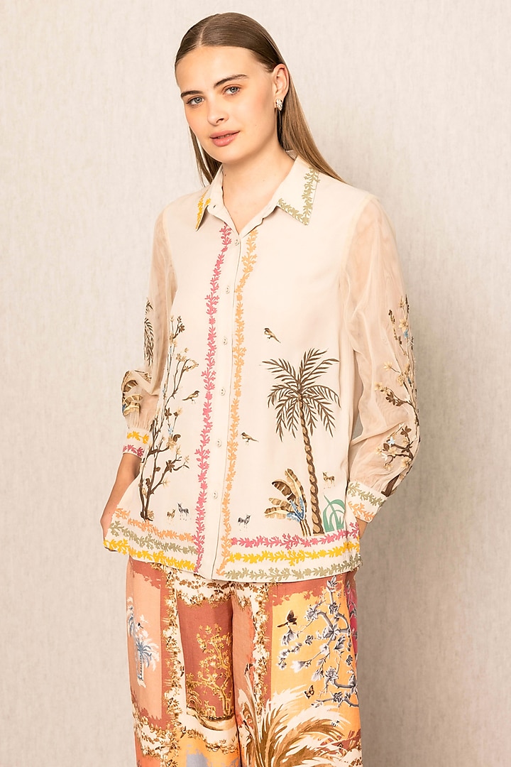 Beige Royal Georgette Motif Embroidered Shirt by Ranna Gill at Pernia's Pop Up Shop