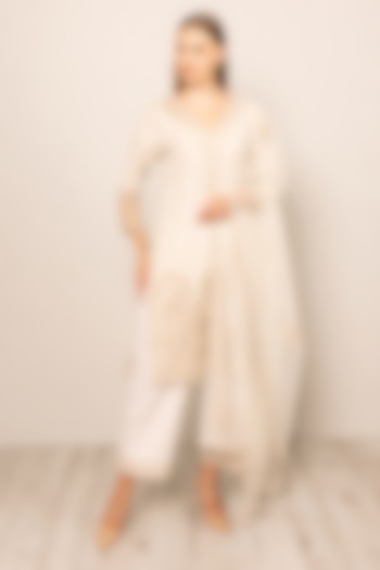 Beige Linen Stripe Fabric Floral Work Tunic Set by Ranna Gill at Pernia's Pop Up Shop