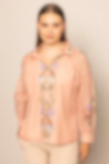 Peach Linen Floral Embroidered Blouse by Ranna Gill at Pernia's Pop Up Shop