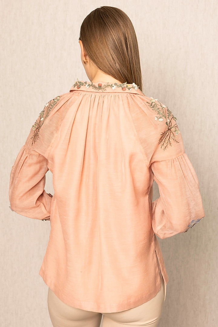 Peach Linen Floral Embroidered Blouse by Ranna Gill at Pernia's Pop Up Shop