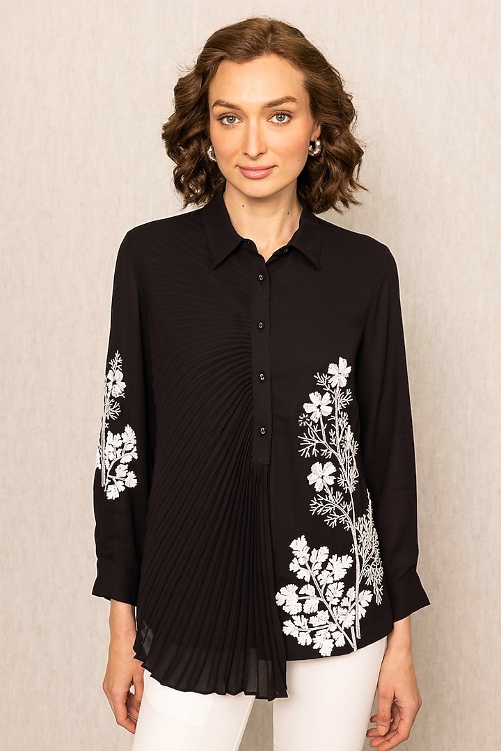 Black Royal Georgette Thread Embroidered Shirt by Ranna Gill at Pernia's Pop Up Shop