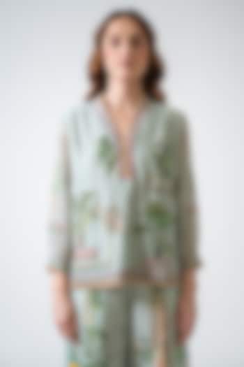 Green Cotton Silk Printed & Embroidered Top by Ranna Gill at Pernia's Pop Up Shop